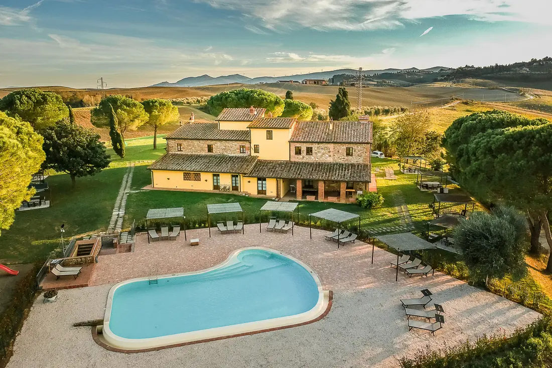 Casa d’Era - aerial view of the farmhouse, pool and Tuscan hills