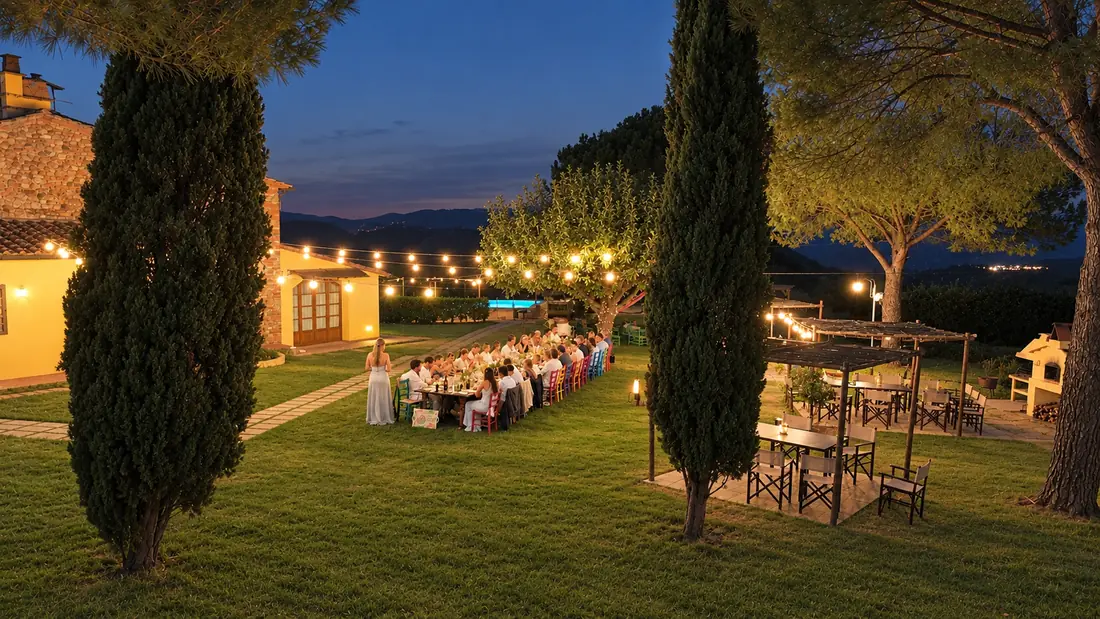 Wedding dinner in the garden under string lights at dusk